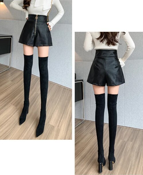 High Wasited Front Zipper PU Leather Shorts