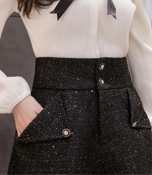 Black Woolen High Waist Tweed Shorts