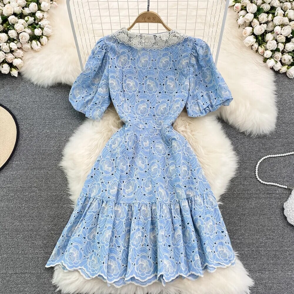French Blue Flower Embroidery Puff Sleeve Dress