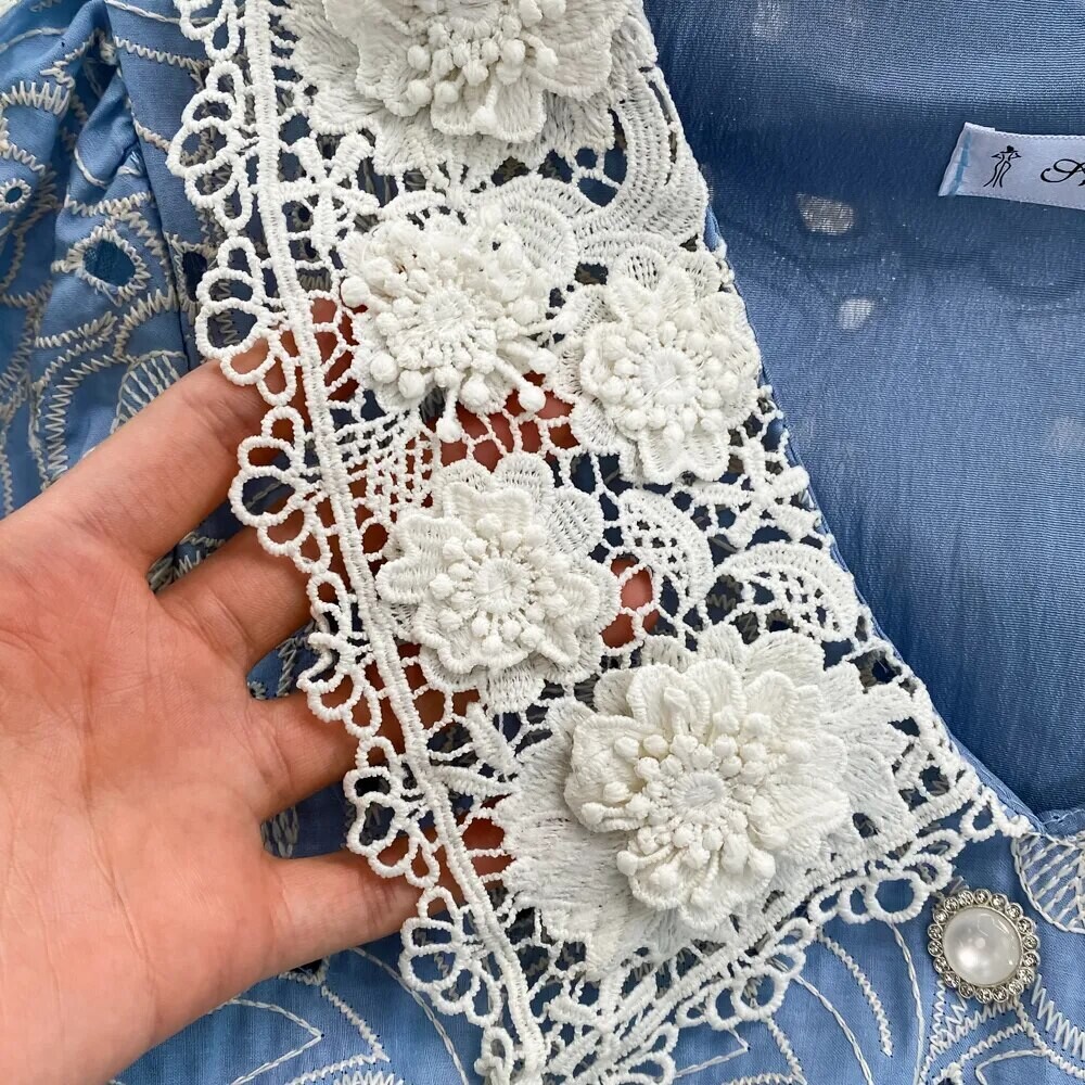 French Blue Flower Embroidery Puff Sleeve Dress