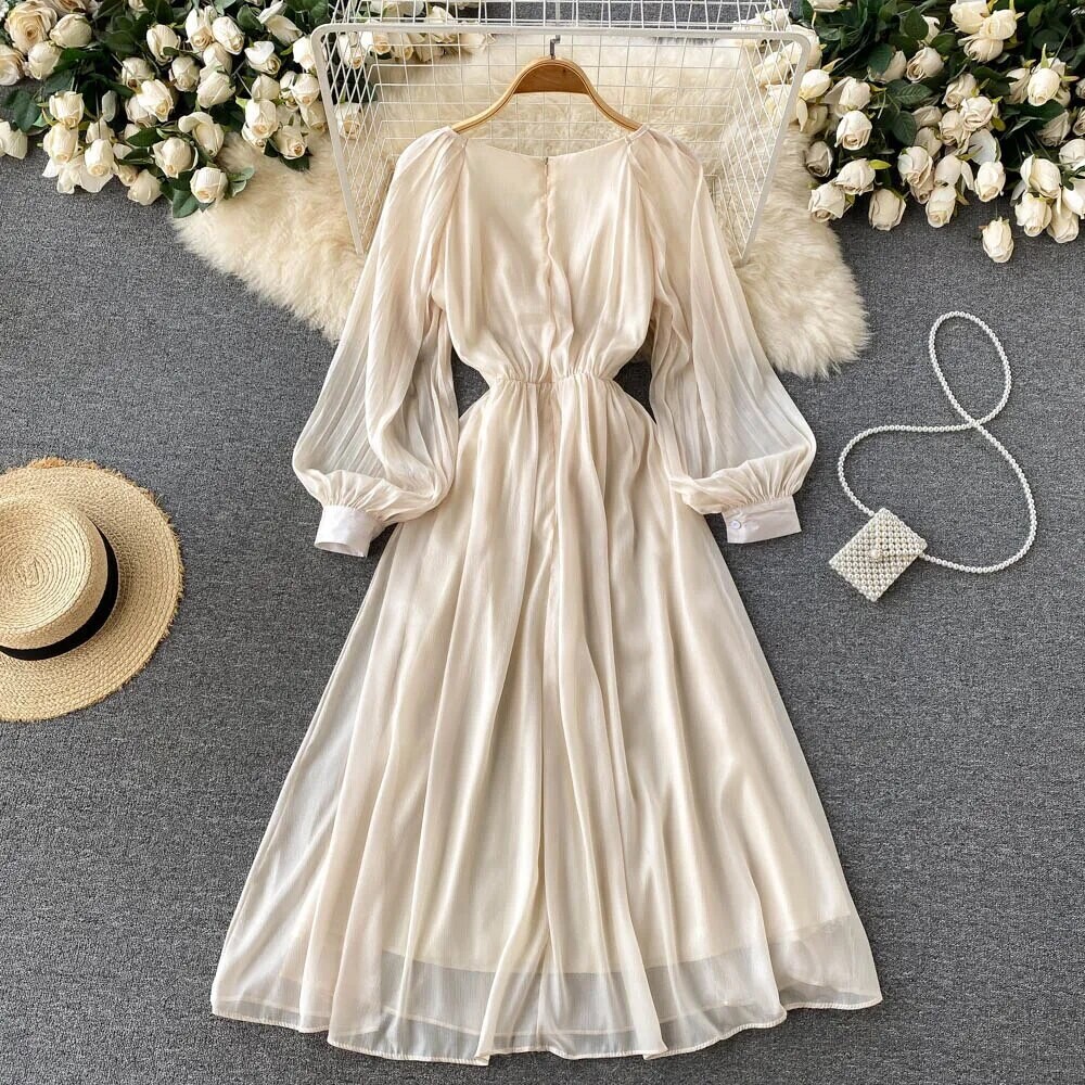 French Elegant V-neck Bubble Sleeve Dress