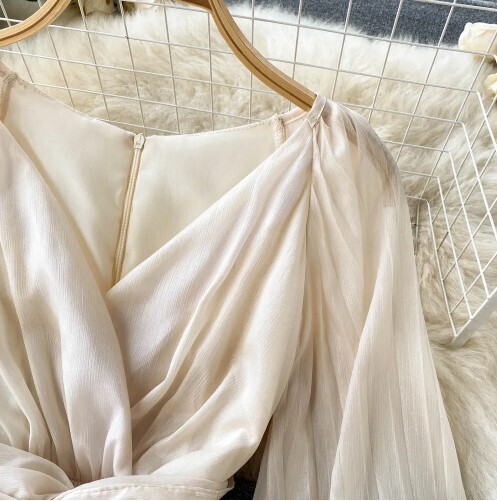 French Elegant V-neck Bubble Sleeve Dress