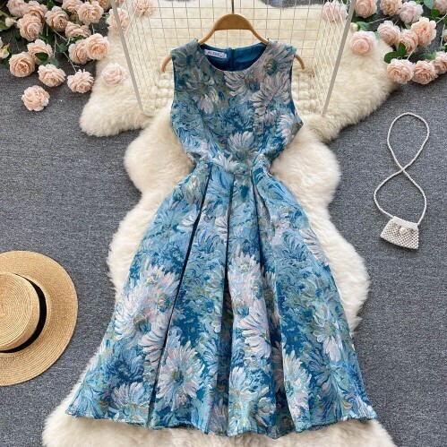 A-line Retro Vintage Sleeveless Blue Jacquard Dress