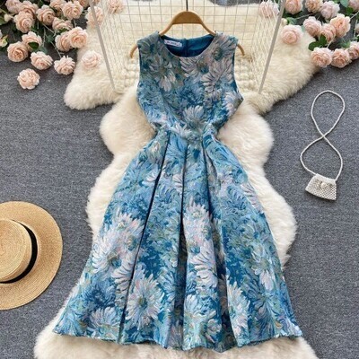A-line Retro Vintage Sleeveless Blue Jacquard Dress