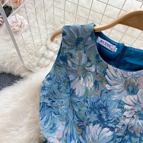A-line Retro Vintage Sleeveless Blue Jacquard Dress