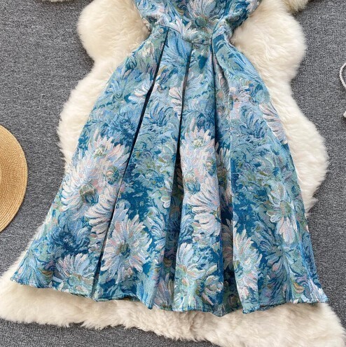A-line Retro Vintage Sleeveless Blue Jacquard Dress
