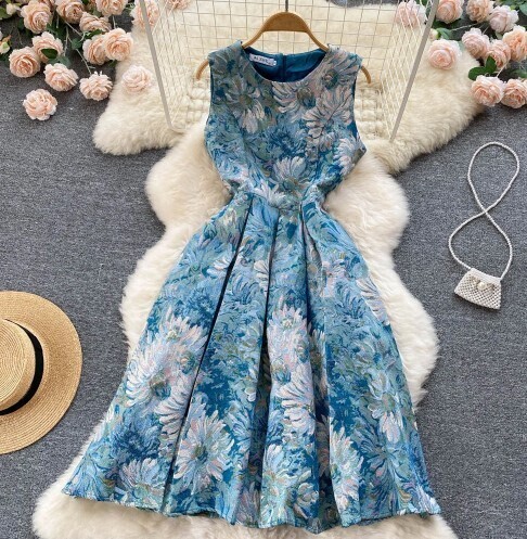 A-line Retro Vintage Sleeveless Blue Jacquard Dress