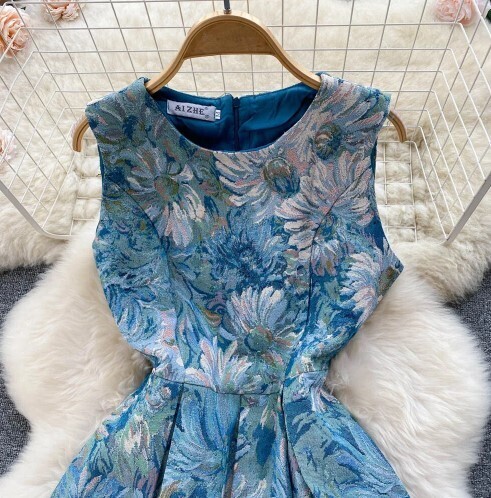 A-line Retro Vintage Sleeveless Blue Jacquard Dress