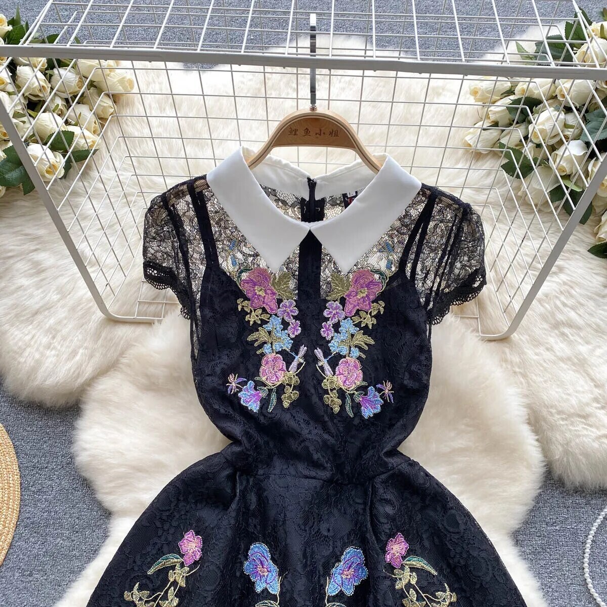 Summer Women Vintage Turn-down Collar Lace Mesh Dress