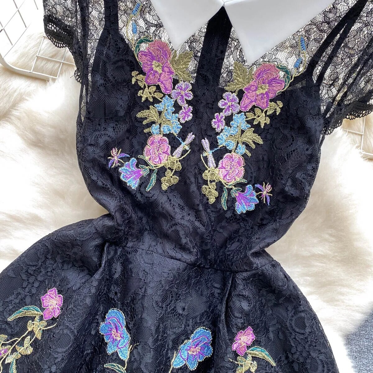 Summer Women Vintage Turn-down Collar Lace Mesh Dress