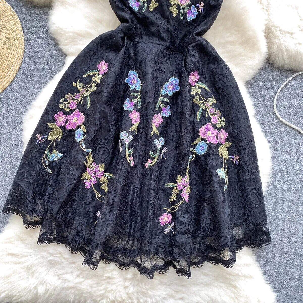 Summer Women Vintage Turn-down Collar Lace Mesh Dress