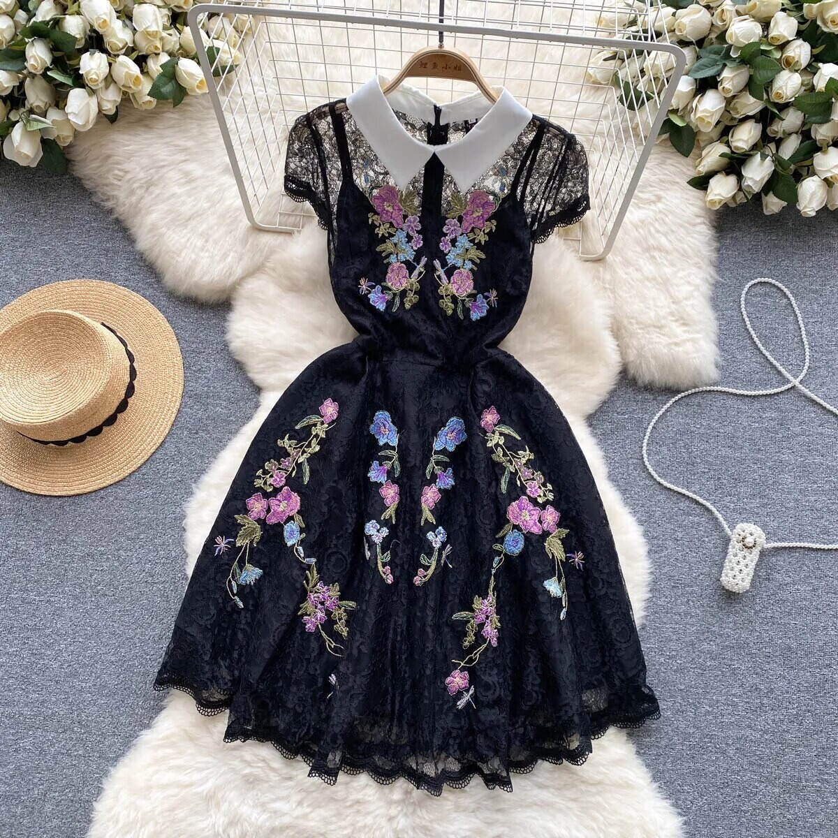Summer Women Vintage Turn-down Collar Lace Mesh Dress