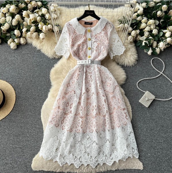 Vintage O-neck Ruffled Lace Embroidery Knee-Length Dress