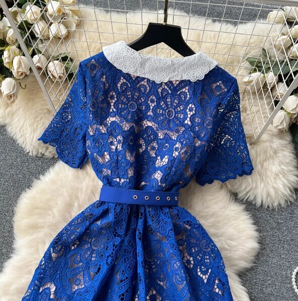 Vintage O-neck Ruffled Lace Embroidery Knee-Length Dress