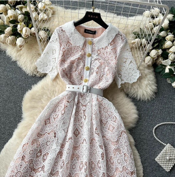Vintage O-neck Ruffled Lace Embroidery Knee-Length Dress