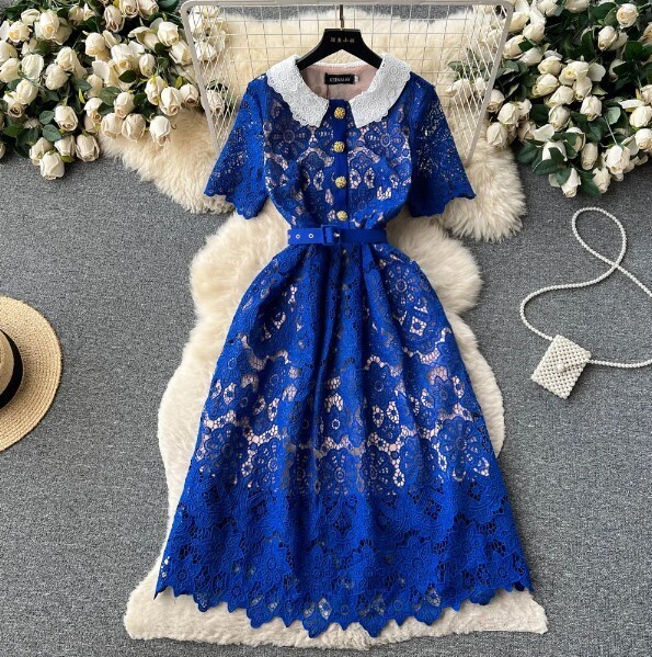 Vintage O-neck Ruffled Lace Embroidery Knee-Length Dress