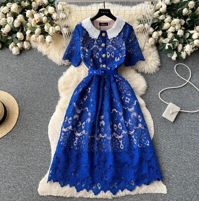 Vintage O-neck Ruffled Lace Embroidery Knee-Length Dress