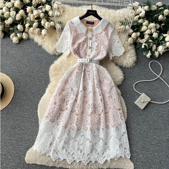 Vintage O-neck Ruffled Lace Embroidery Knee-Length Dress