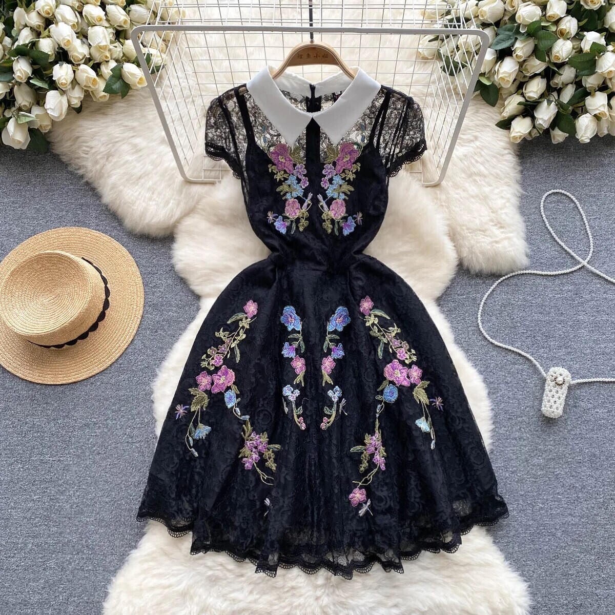 Summer Women Vintage Turn-down Collar Lace Mesh Dress