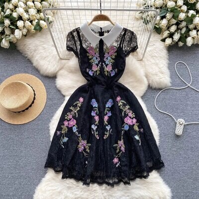 Summer Women Vintage Turn-down Collar Lace Mesh Dress