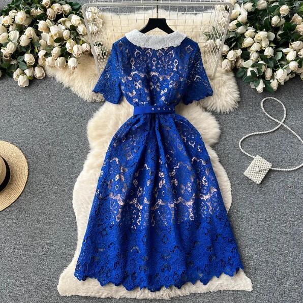 Vintage O-neck Ruffled Lace Embroidery Knee-Length Dress