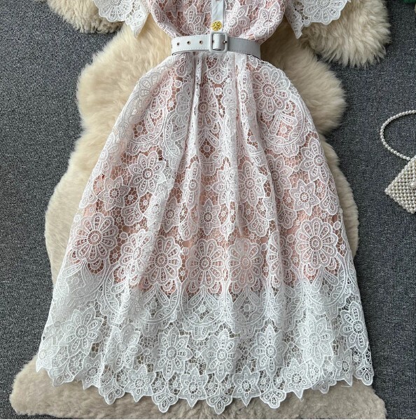 Vintage O-neck Ruffled Lace Embroidery Knee-Length Dress