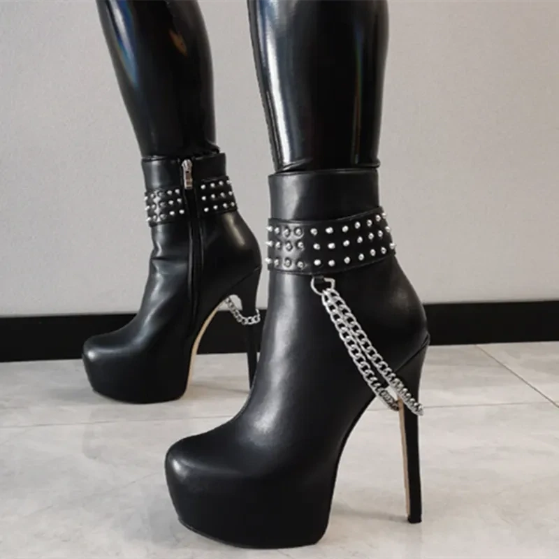 Round toe Black Studded Gothic Punk Ankle Boots