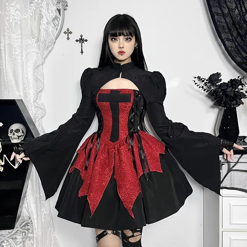 Vintage Goth Cross Print Irregular Dress