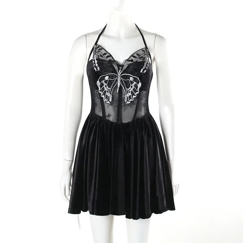 Gothic Halter Butterfly Floral Lace Cocktail Party Dress