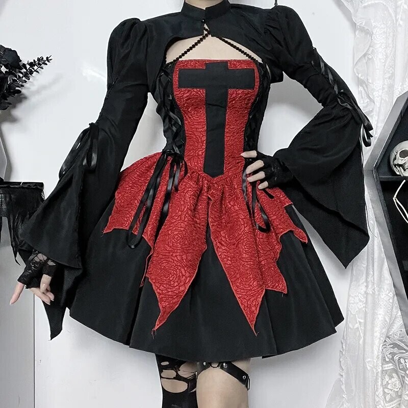 Vintage Goth Cross Print Irregular Dress