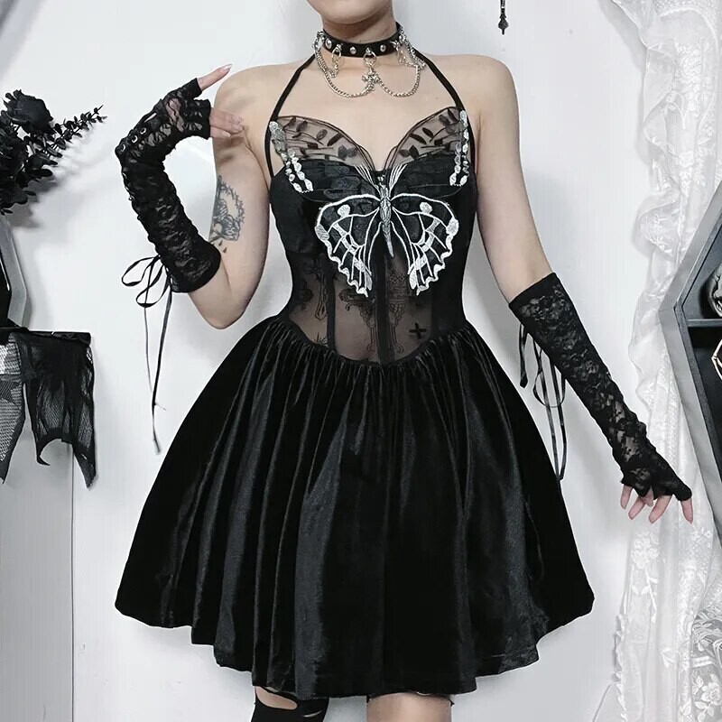Gothic Halter Butterfly Floral Lace Cocktail Party Dress