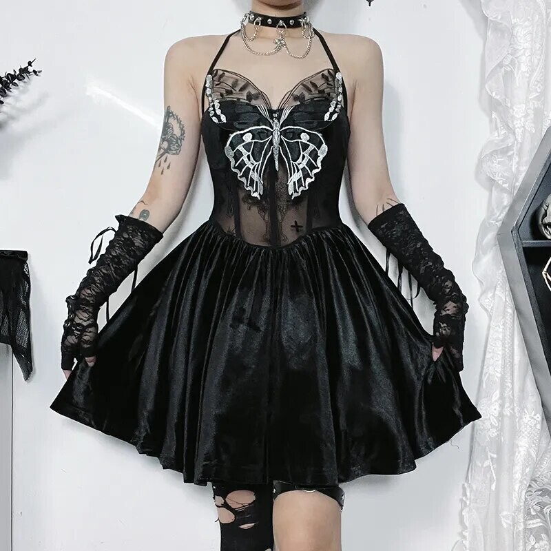 Gothic Halter Butterfly Floral Lace Cocktail Party Dress