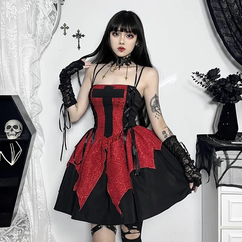 Vintage Goth Cross Print Irregular Dress