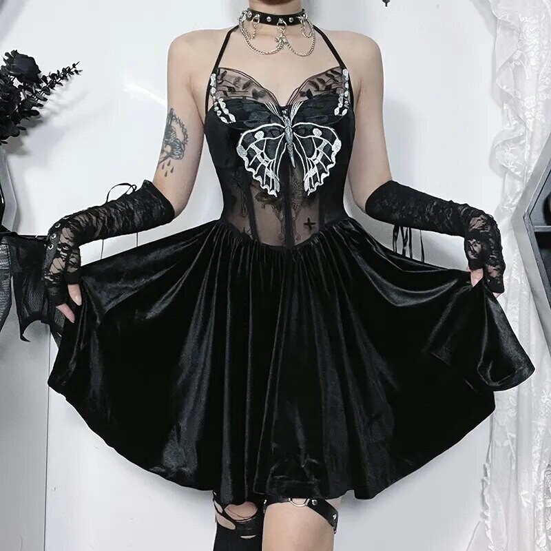 Gothic Halter Butterfly Floral Lace Cocktail Party Dress