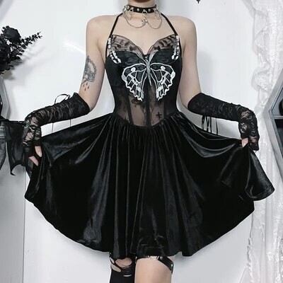 Gothic Halter Butterfly Floral Lace Cocktail Party Dress