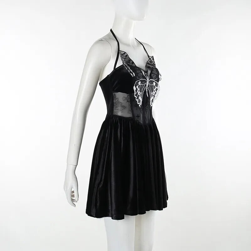 Gothic Halter Butterfly Floral Lace Cocktail Party Dress