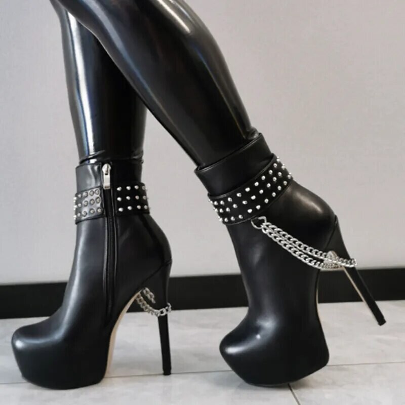 Round toe Black Studded Gothic Punk Ankle Boots