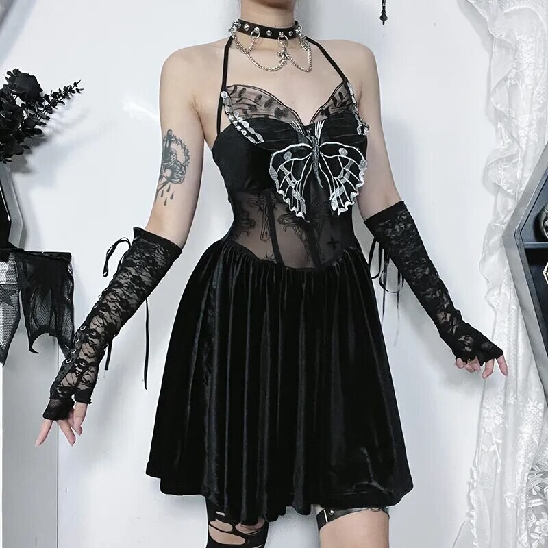 Gothic Halter Butterfly Floral Lace Cocktail Party Dress