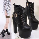 Black Platform Lace up Buckle Zipper High Heels Boots