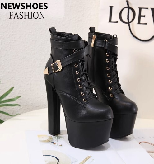 Black Platform Lace up Buckle Zipper High Heels Boots