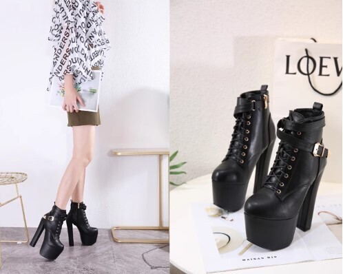 Black Platform Lace up Buckle Zipper High Heels Boots