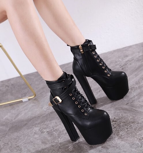Black Platform Lace up Buckle Zipper High Heels Boots