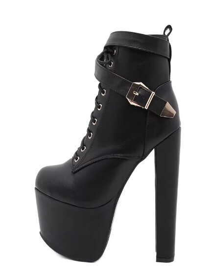 Black Platform Lace up Buckle Zipper High Heels Boots