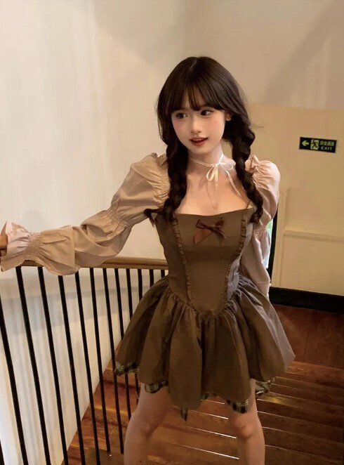 Korean Style Kawaii Brown Mini Dress