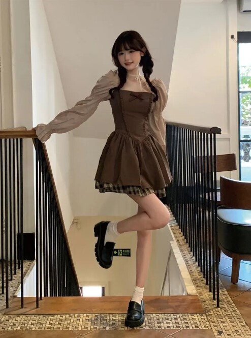 Korean Style Kawaii Brown Mini Dress