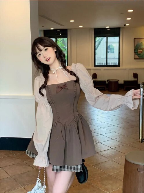 Korean Style Kawaii Brown Mini Dress