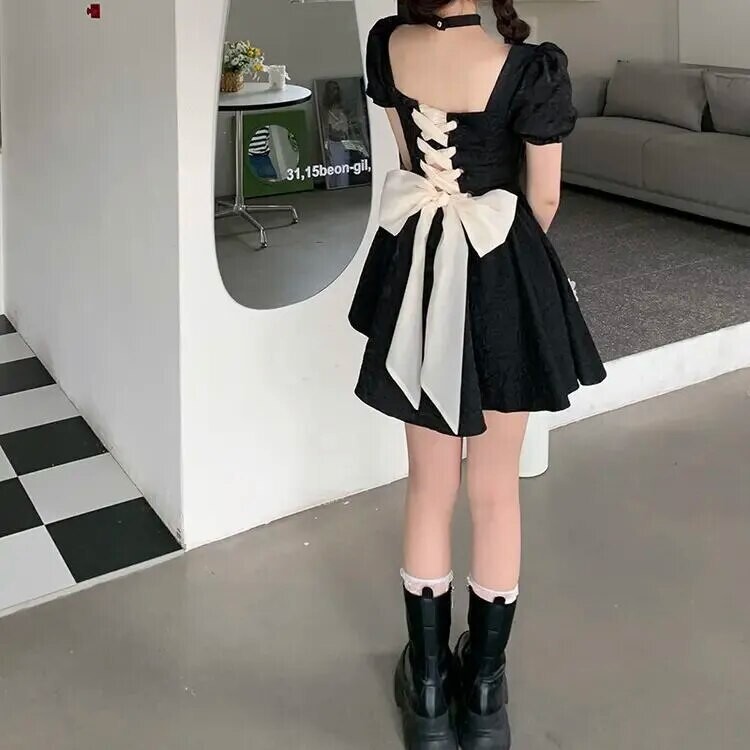 Puff Sleeve Lace up Bow Lolita Gothic Dress