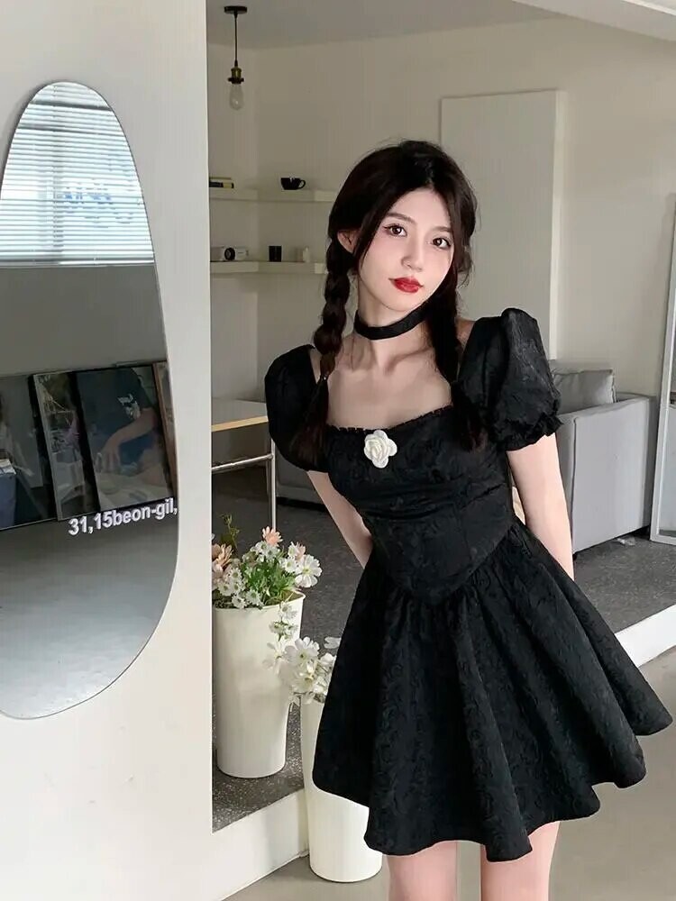 Puff Sleeve Lace up Bow Lolita Gothic Dress
