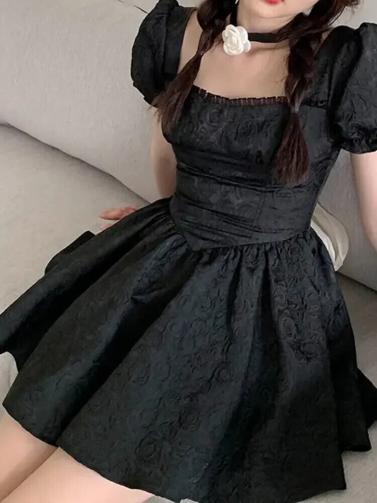 Puff Sleeve Lace up Bow Lolita Gothic Dress