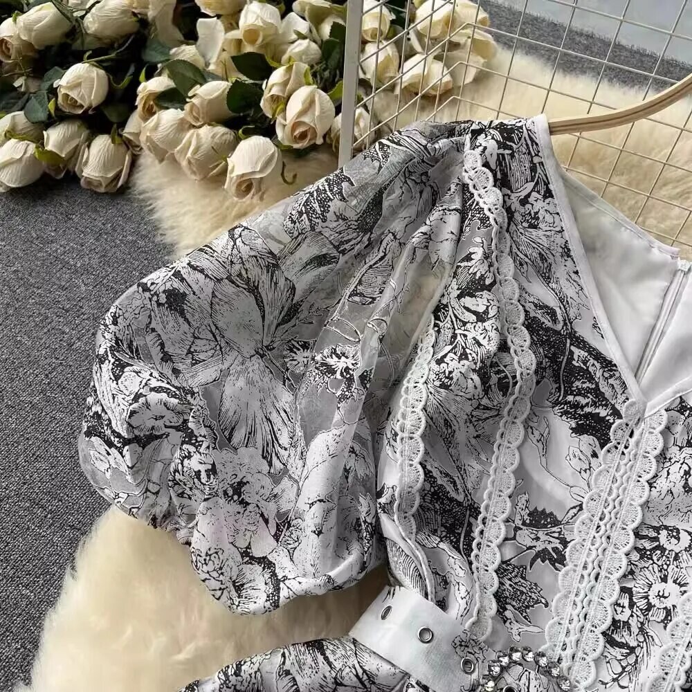 Flower  French V-Neck Puff Sleeve Dress